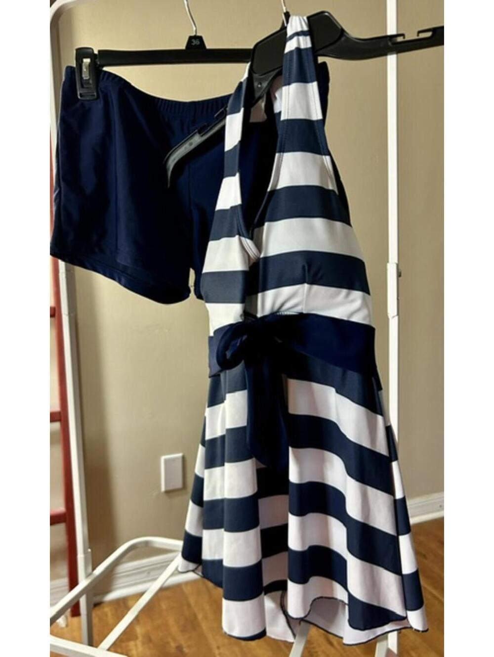 Navy & White Striped Halter Tankini Navy Swim Shorts Size L
